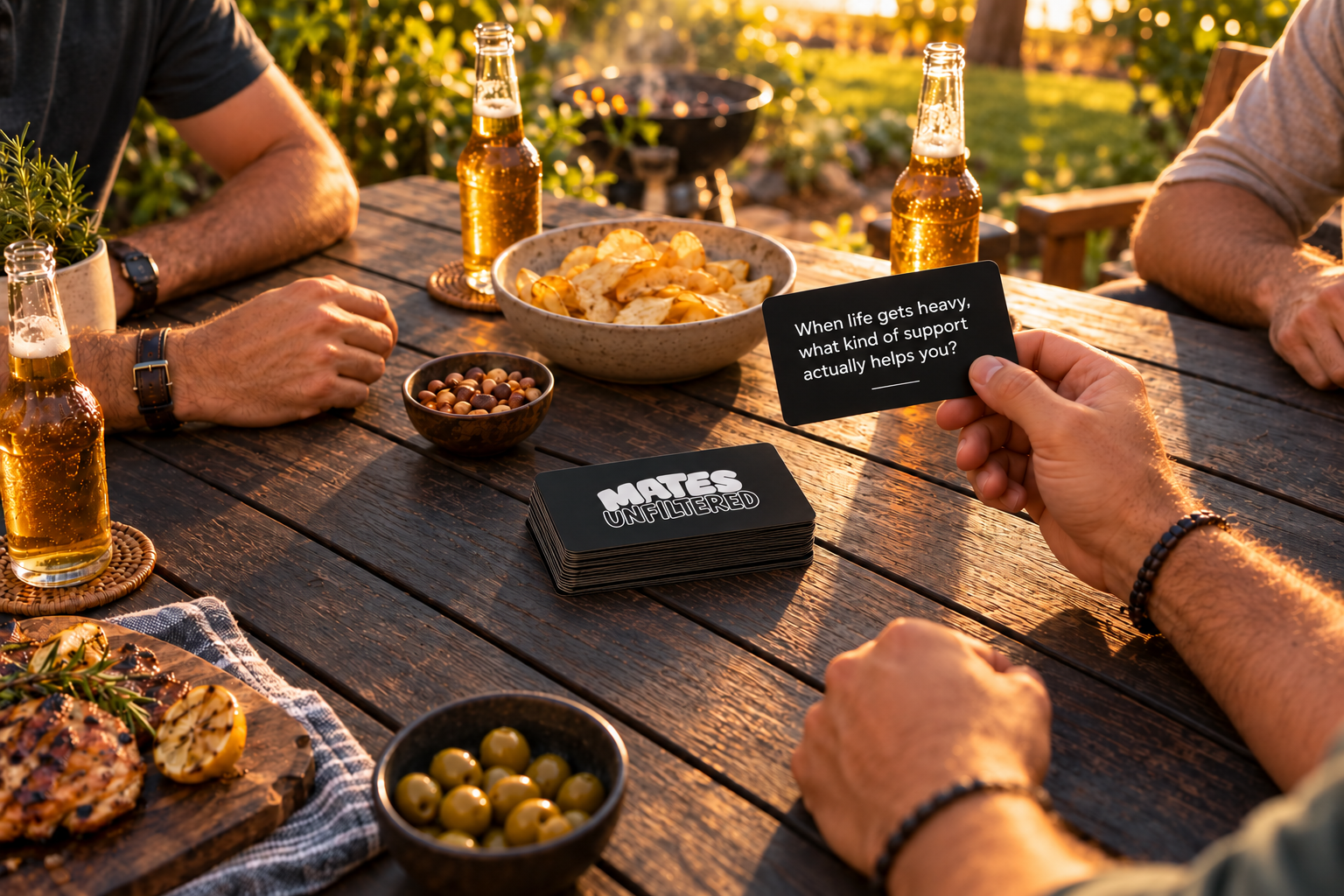 Mates around a backyard table playing Mates Unfiltered cards at golden hour